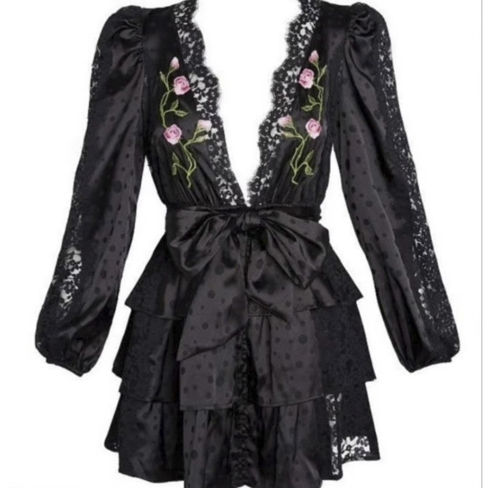 For Love & Lemons Black Fleur Jacquard Lace Plunge Neck Mini Robe Dress Medium - Picture 4 of 7
